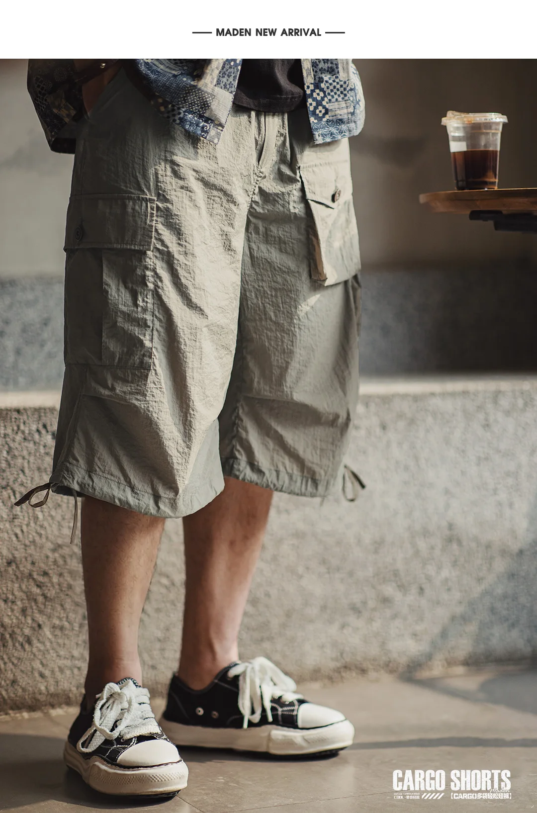 Maden Summer Men's Cargo Pants  Vintage Multiple Pockets Commuting Short Pants Elastic Waistband Knee Length Shorts
