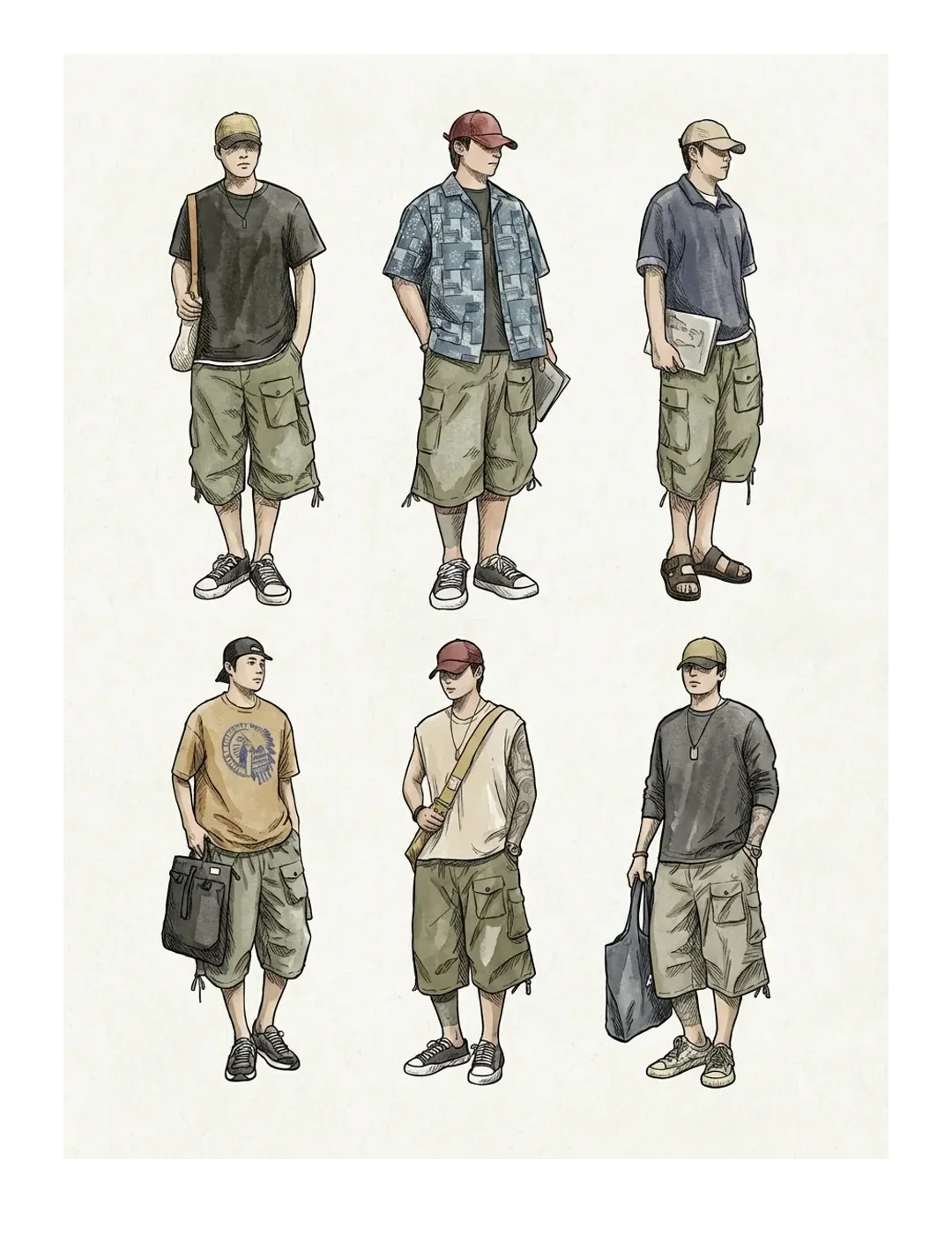 Maden Summer Men's Cargo Pants  Vintage Multiple Pockets Commuting Short Pants Elastic Waistband Knee Length Shorts