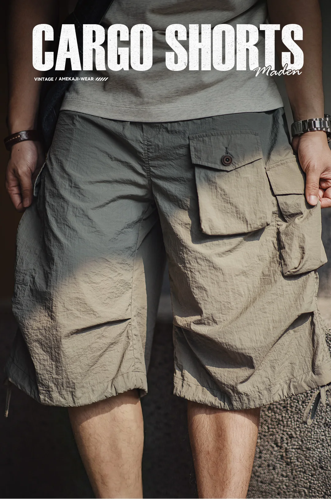 Maden Summer Men's Cargo Pants  Vintage Multiple Pockets Commuting Short Pants Elastic Waistband Knee Length Shorts