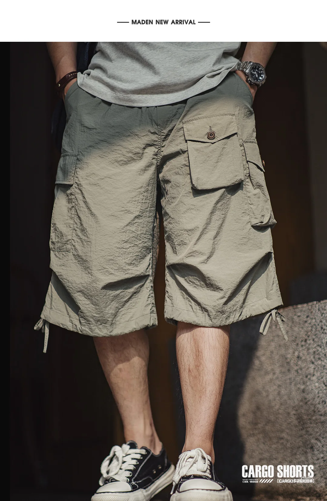 Maden Summer Men's Cargo Pants  Vintage Multiple Pockets Commuting Short Pants Elastic Waistband Knee Length Shorts