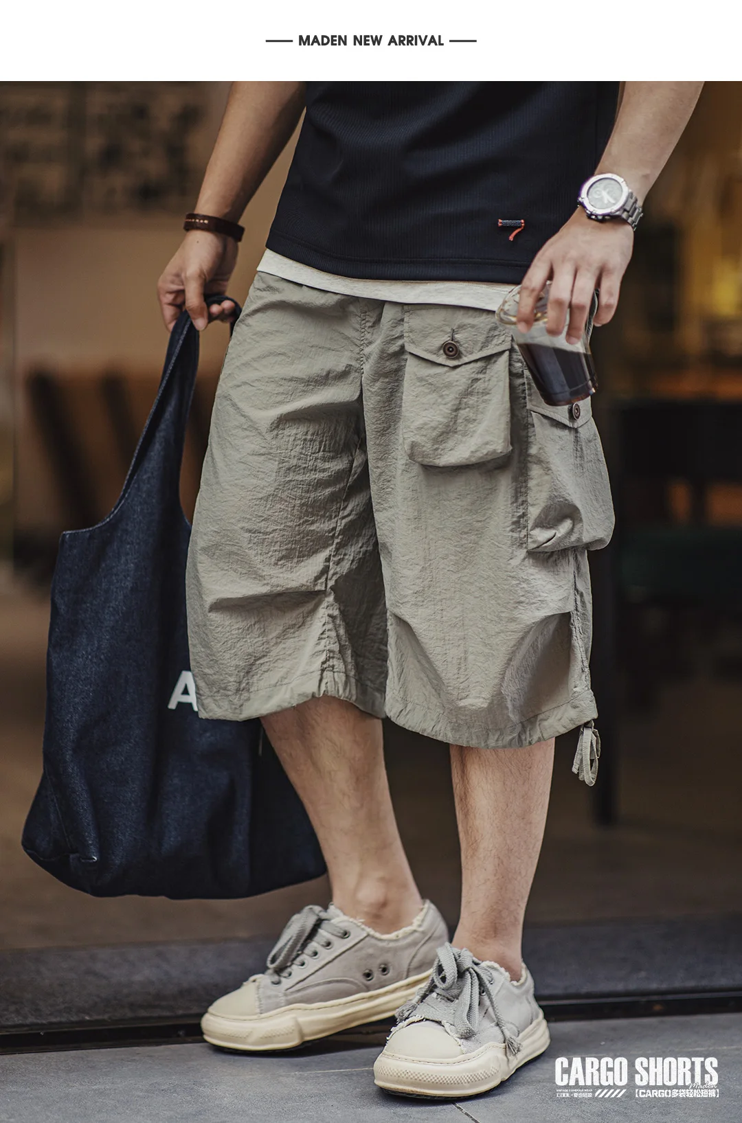Maden Summer Men's Cargo Pants  Vintage Multiple Pockets Commuting Short Pants Elastic Waistband Knee Length Shorts