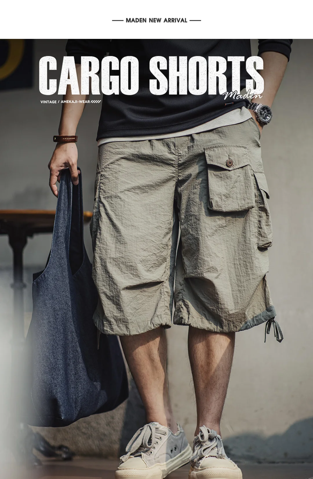 Maden Summer Men's Cargo Pants  Vintage Multiple Pockets Commuting Short Pants Elastic Waistband Knee Length Shorts