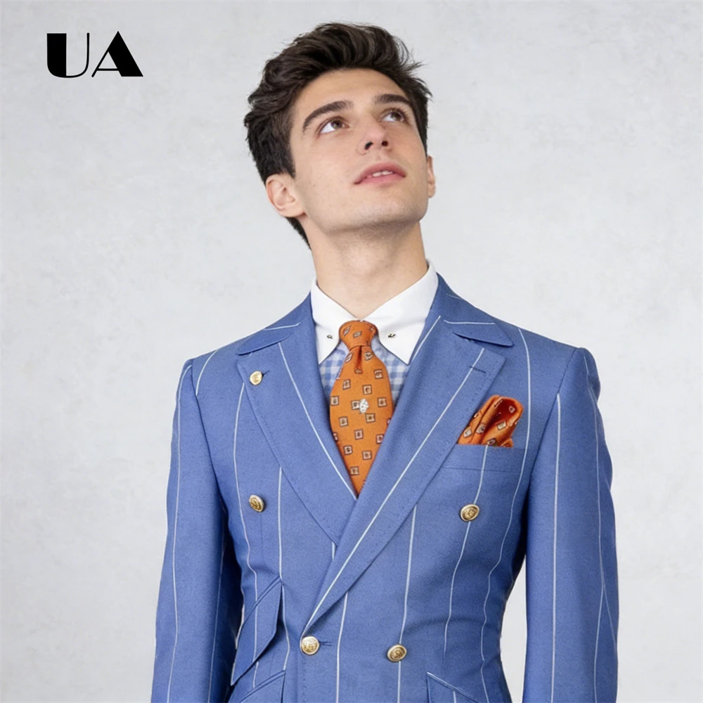 Blue Plaid Two Pieces Suit Including Jacket Pants, Double Side Pockets Formal Business Suit Attire XS-4XL Men's Prom Outfit