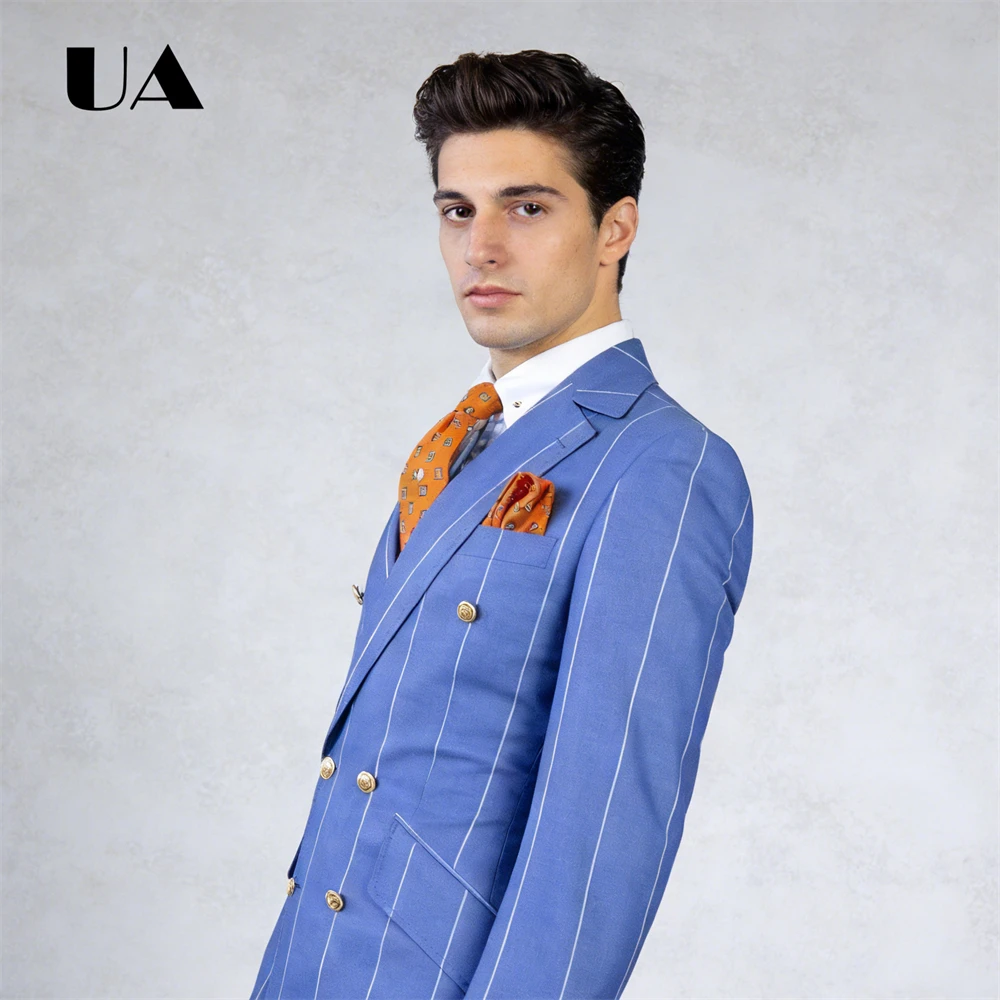 Blue Plaid Two Pieces Suit Including Jacket Pants, Double Side Pockets Formal Business Suit Attire XS-4XL Men's Prom Outfit