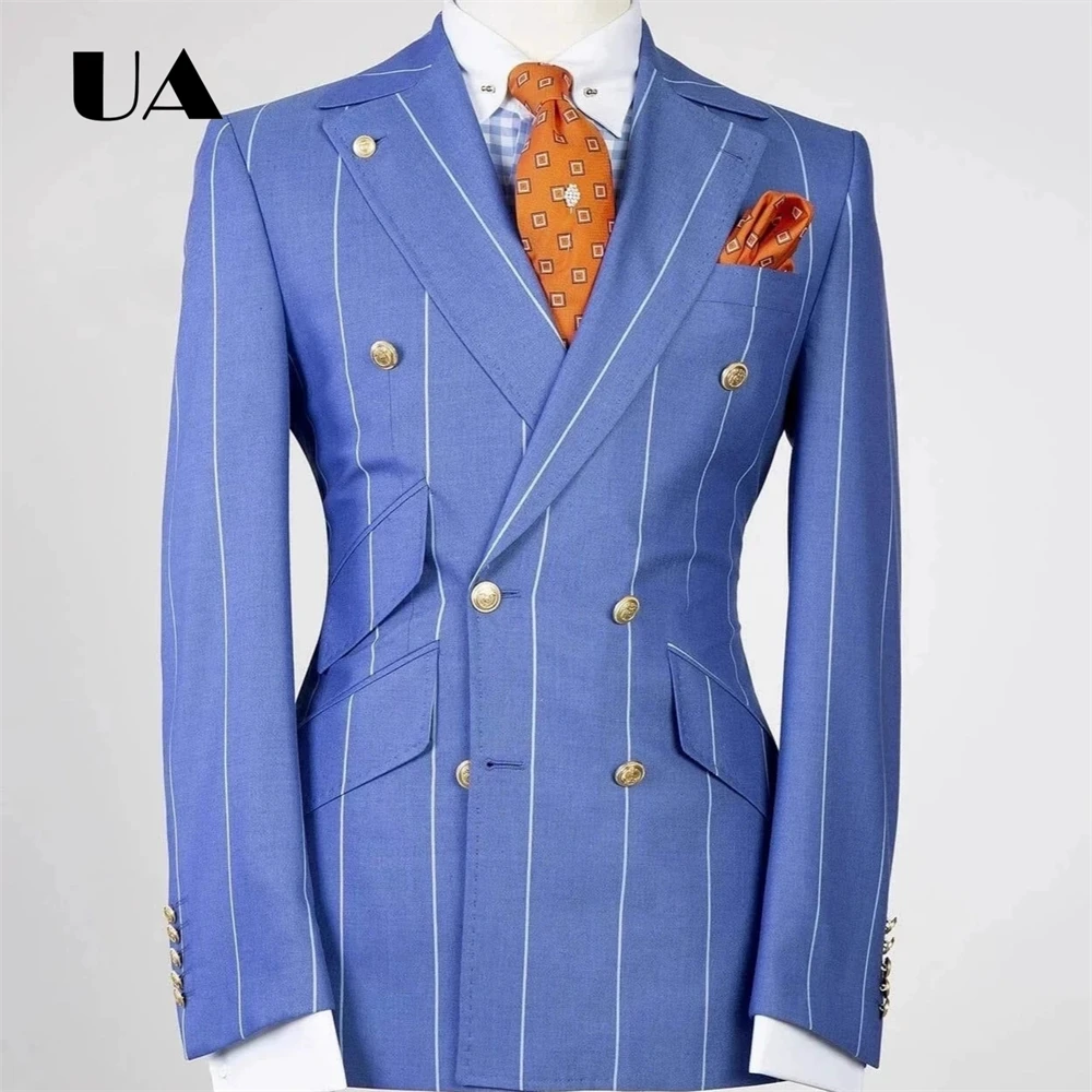 Blue Plaid Two Pieces Suit Including Jacket Pants, Double Side Pockets Formal Business Suit Attire XS-4XL Men's Prom Outfit