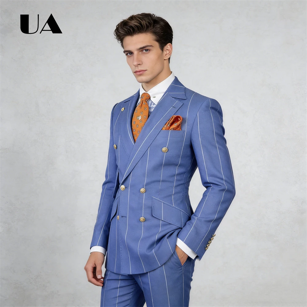 Blue Plaid Two Pieces Suit Including Jacket Pants, Double Side Pockets Formal Business Suit Attire XS-4XL Men's Prom Outfit
