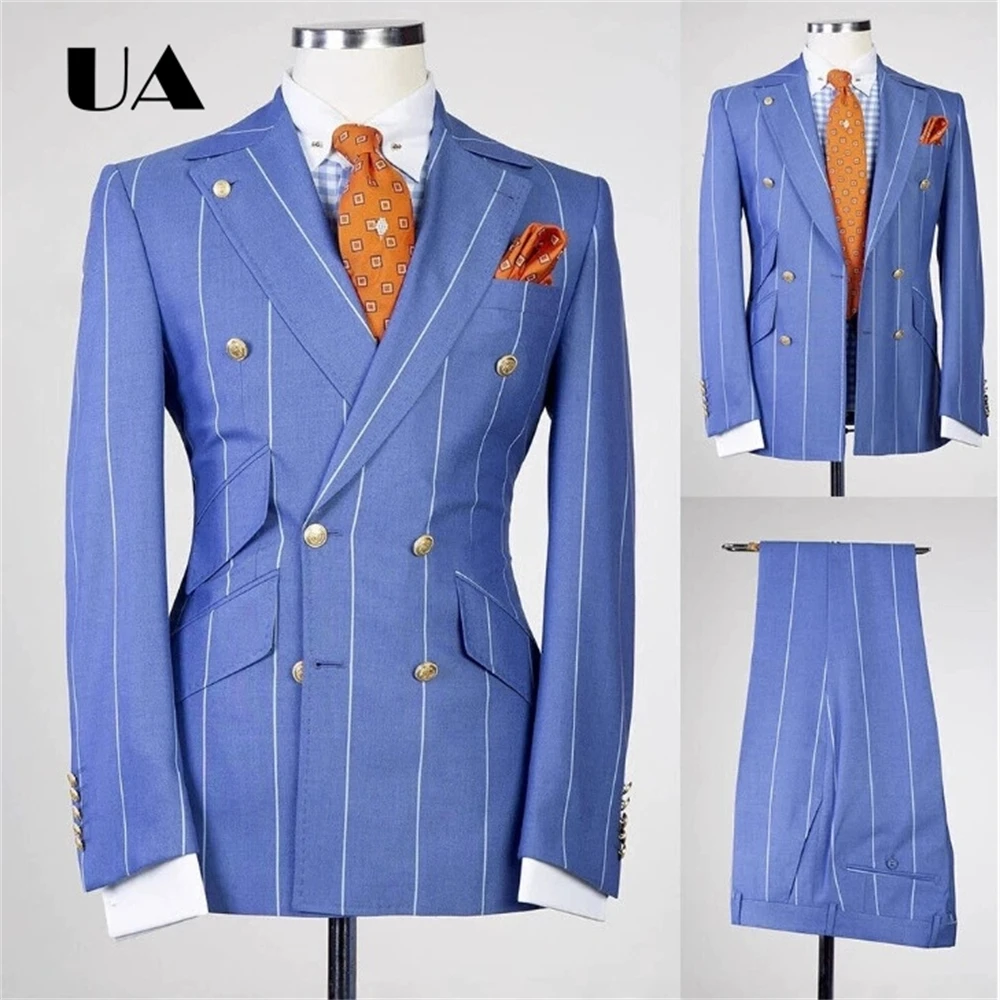 Blue Plaid Two Pieces Suit Including Jacket Pants, Double Side Pockets Formal Business Suit Attire XS-4XL Men's Prom Outfit