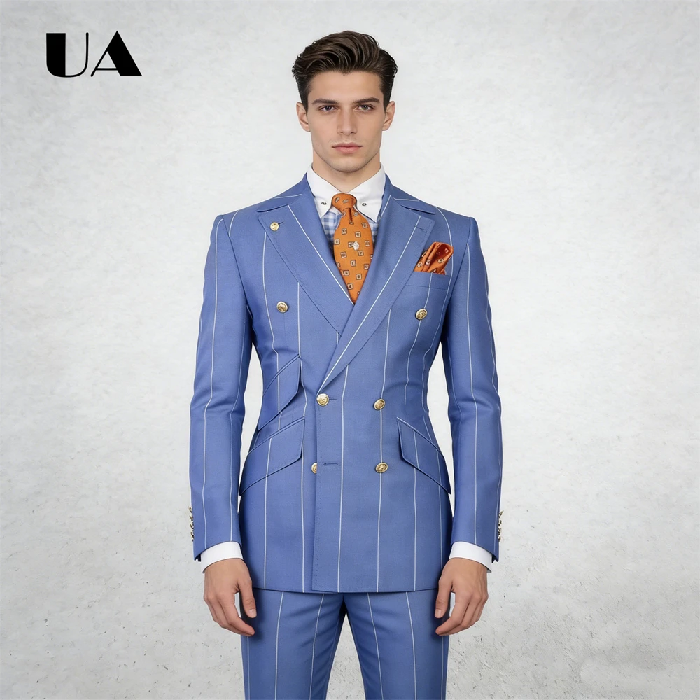 Blue Plaid Two Pieces Suit Including Jacket Pants, Double Side Pockets Formal Business Suit Attire XS-4XL Men's Prom Outfit