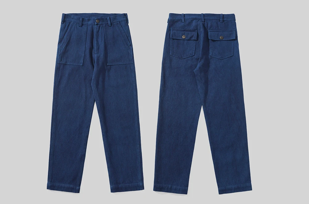 Vintage Amekaji Indigo Fatigue Pants Men Blue Dyed Zipper Multi-pocket OG107 Cargo Pants Spring Autumn Straight Casual Trousers