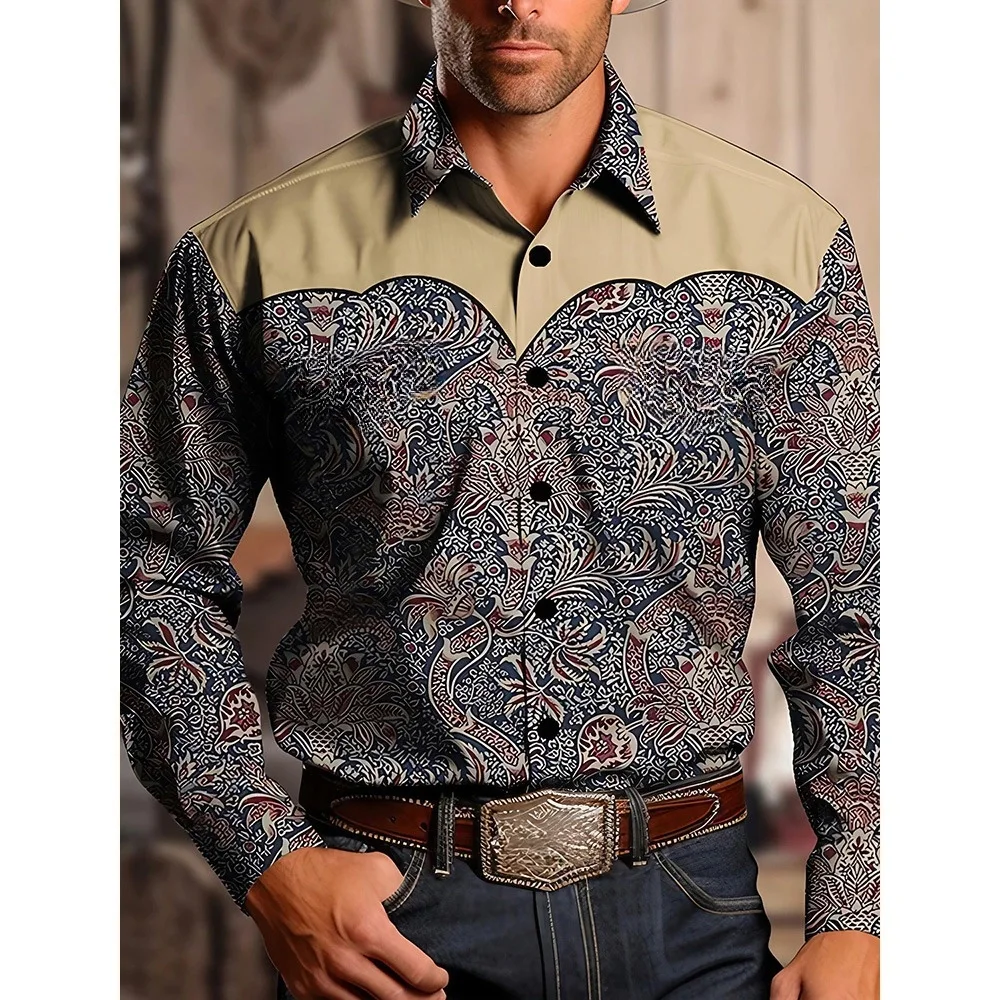 Men's Yellowstone Western Denim Shirt Two-tone patchwork pattern Men's roll-down button top Stylish casual long-sleeved shirt