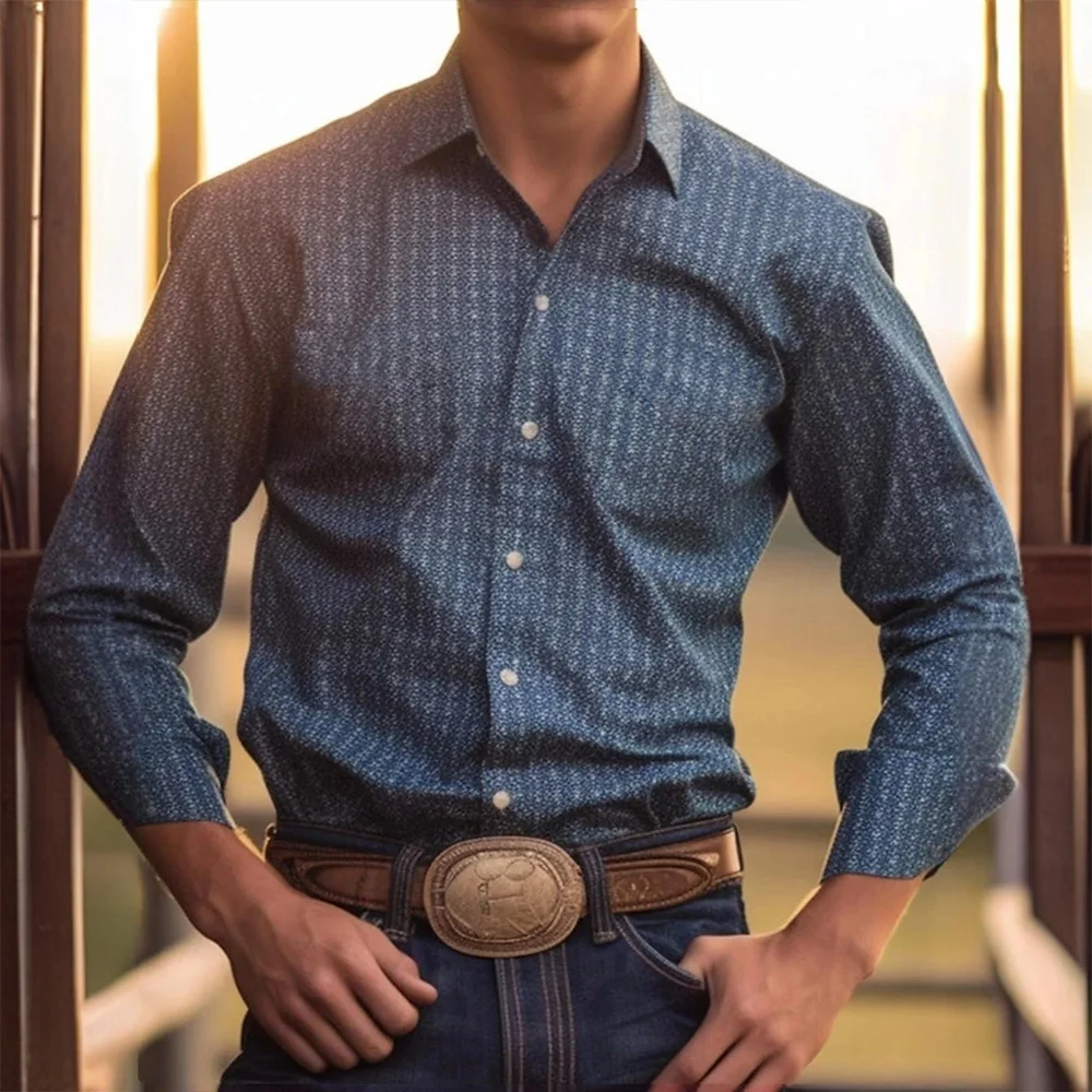 Men's Yellowstone Western Denim Shirt Two-tone patchwork pattern Men's roll-down button top Stylish casual long-sleeved shirt