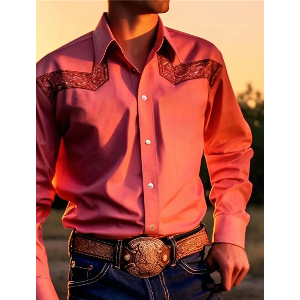 Men's Yellowstone Western Denim Shirt Two-tone patchwork pattern Men's roll-down button top Stylish casual long-sleeved shirt
