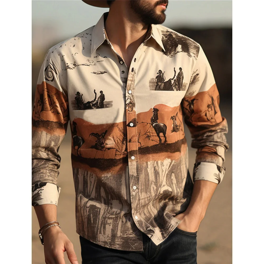 Men's Yellowstone Western Denim Shirt Two-tone patchwork pattern Men's roll-down button top Stylish casual long-sleeved shirt