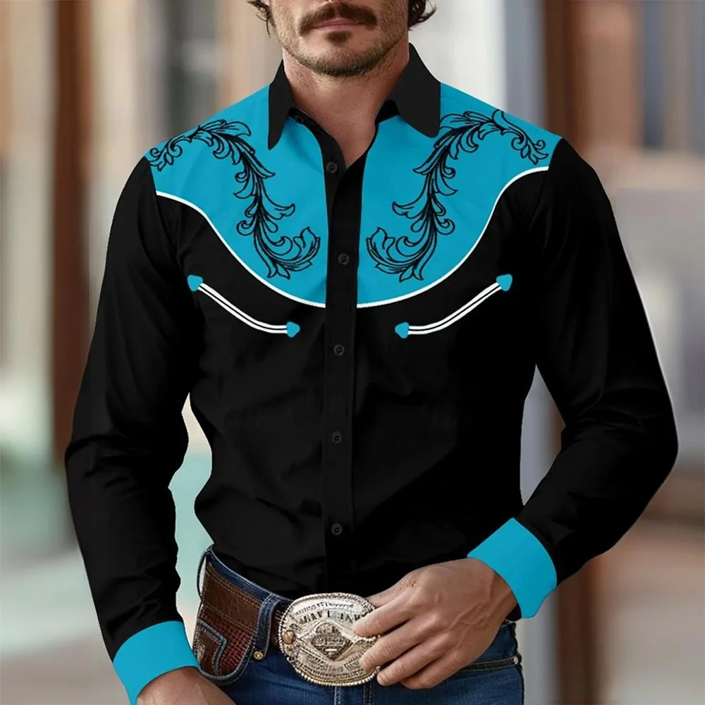 Men's Yellowstone Western Denim Shirt Two-tone patchwork pattern Men's roll-down button top Stylish casual long-sleeved shirt