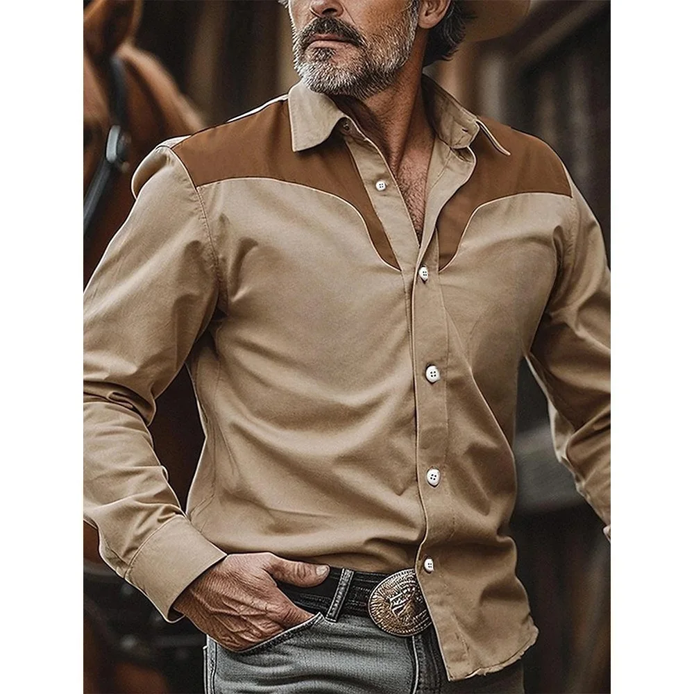 Men's Yellowstone Western Denim Shirt Two-tone patchwork pattern Men's roll-down button top Stylish casual long-sleeved shirt