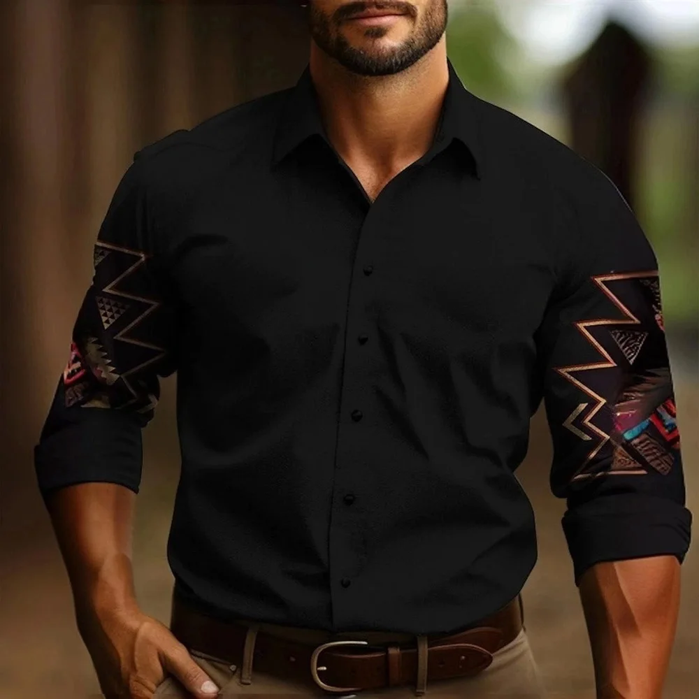 Men's Yellowstone Western Denim Shirt Two-tone patchwork pattern Men's roll-down button top Stylish casual long-sleeved shirt