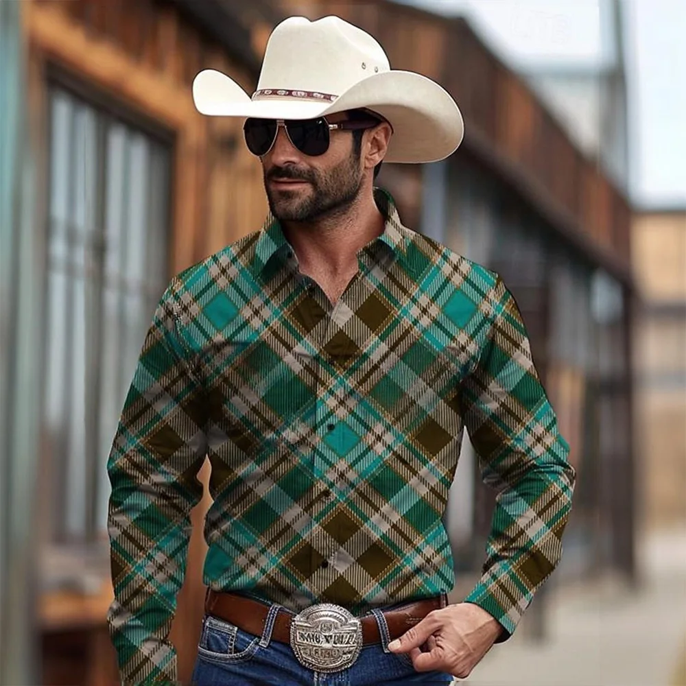 Men's Yellowstone Western Denim Shirt Two-tone patchwork pattern Men's roll-down button top Stylish casual long-sleeved shirt