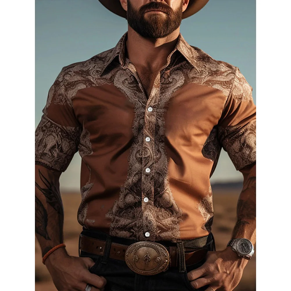 Men's Yellowstone Western Denim Shirt Two-tone patchwork pattern Men's roll-down button top Stylish casual long-sleeved shirt