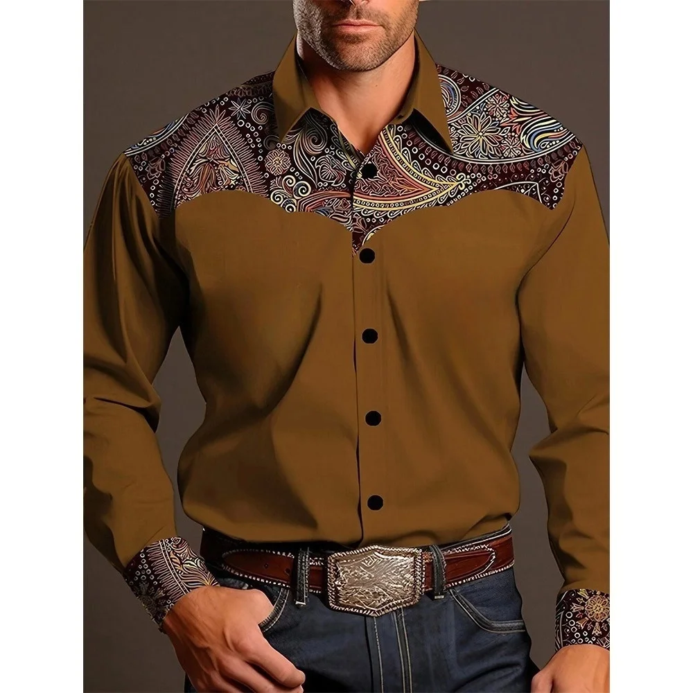 Men's Yellowstone Western Denim Shirt Two-tone patchwork pattern Men's roll-down button top Stylish casual long-sleeved shirt