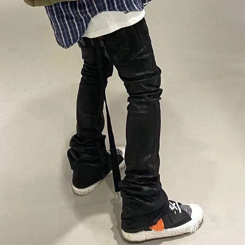 Owen Seak Men‘s Oil wax Jeans Classic Denim Gothic Coated Casual Flared Trousers High Street Solid Designer luxury Pants