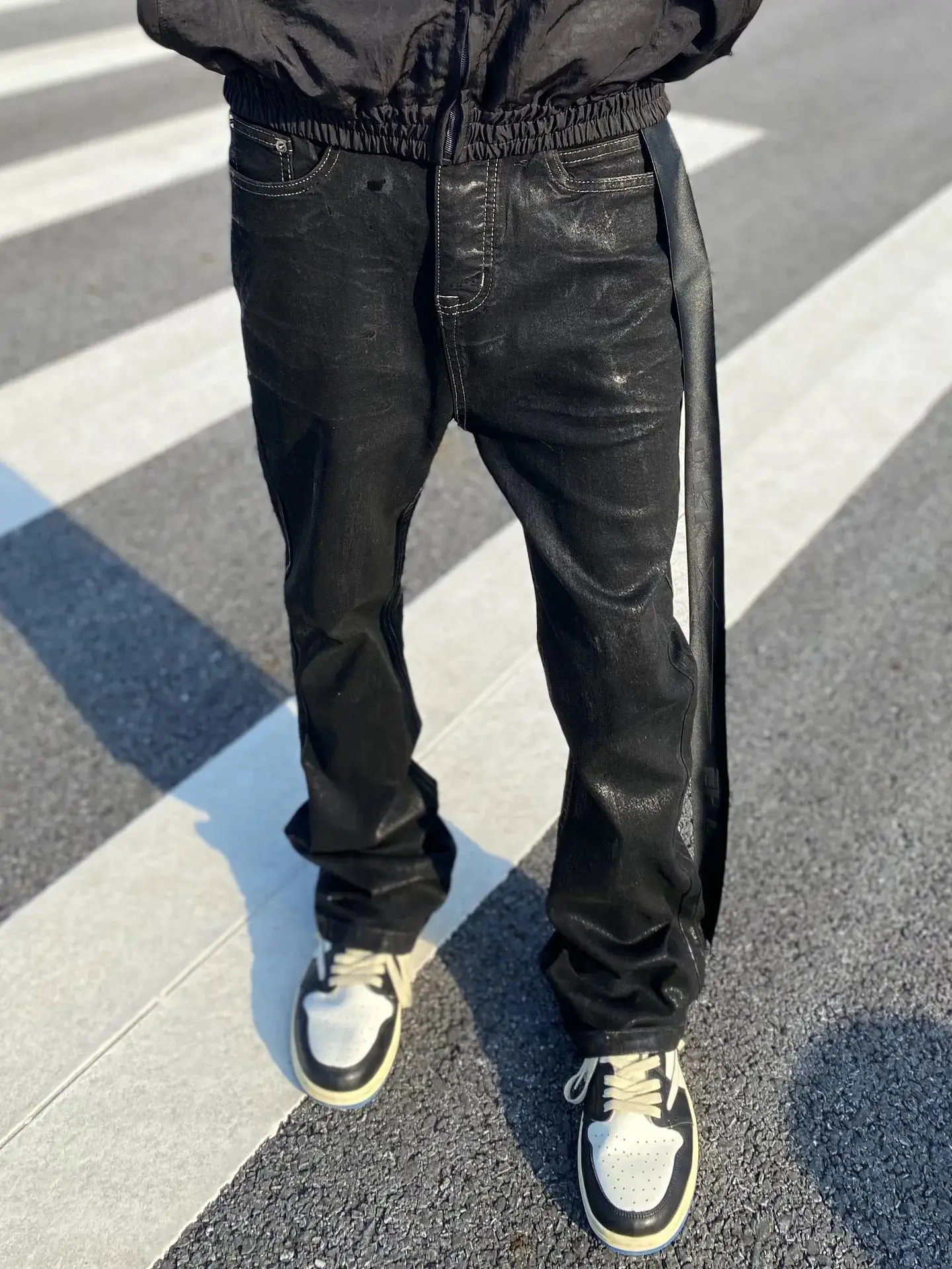 Owen Seak Men‘s Oil wax Jeans Classic Denim Gothic Coated Casual Flared Trousers High Street Solid Designer luxury Pants