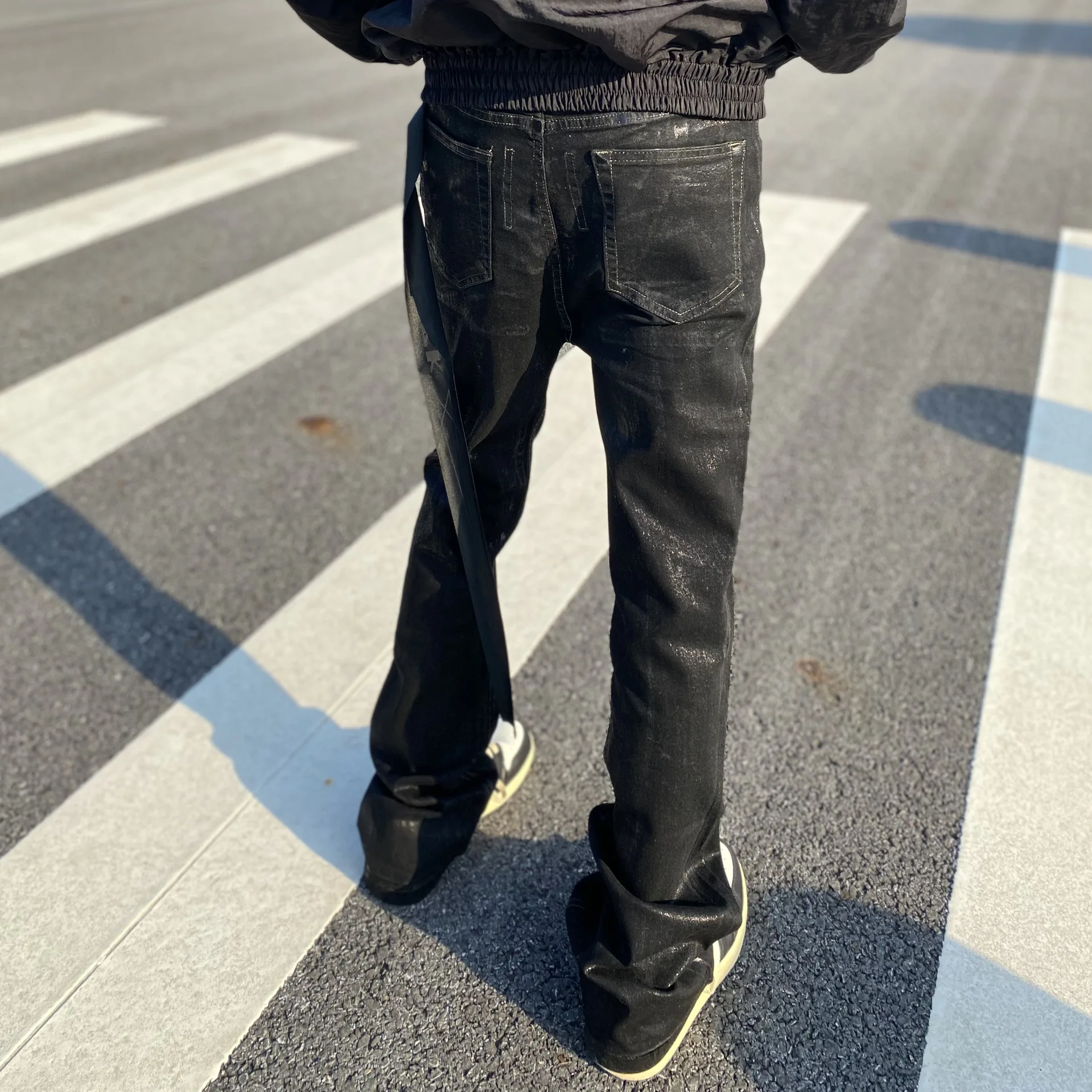 Owen Seak Men‘s Oil wax Jeans Classic Denim Gothic Coated Casual Flared Trousers High Street Solid Designer luxury Pants