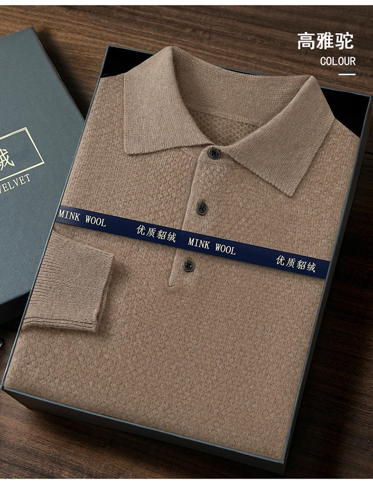 POLO Collar 100% Pure Mink Cashmere Knitted Sweater Men's Lapel Loose Knot Needle Pullovers Business Casual Warm Tops Base Shirt