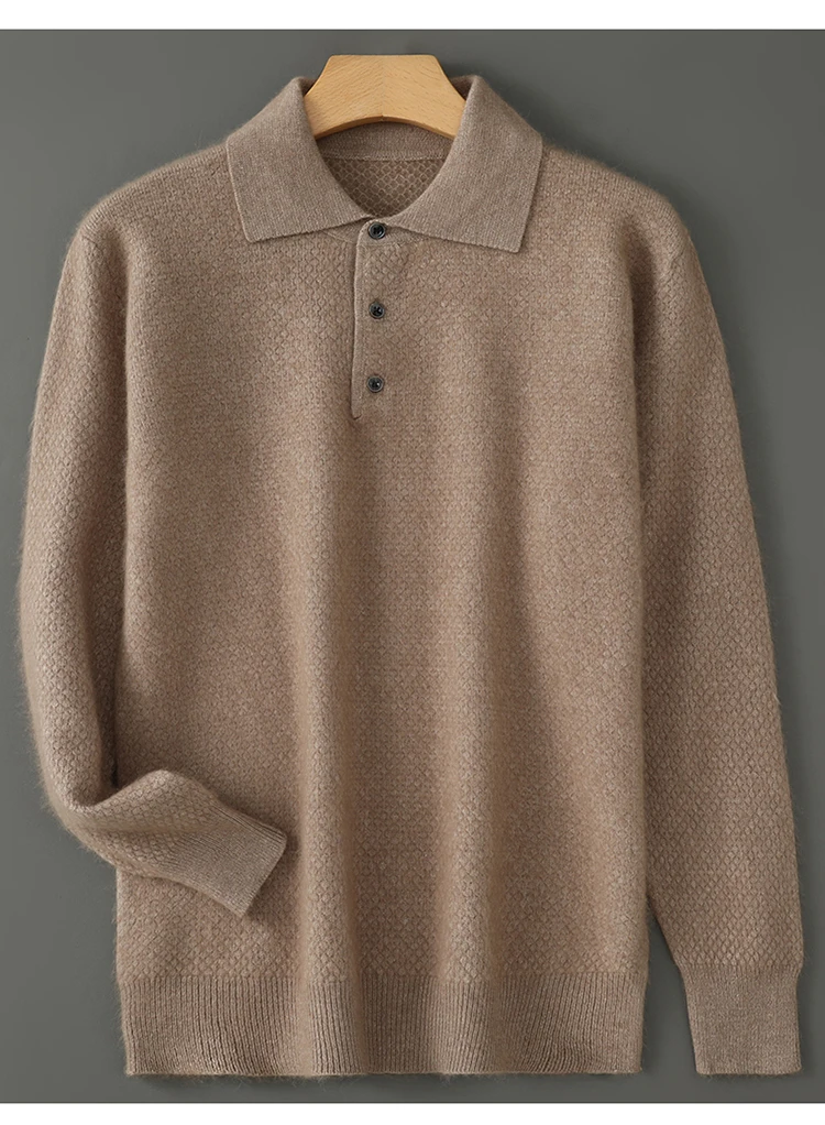 POLO Collar 100% Pure Mink Cashmere Knitted Sweater Men's Lapel Loose Knot Needle Pullovers Business Casual Warm Tops Base Shirt