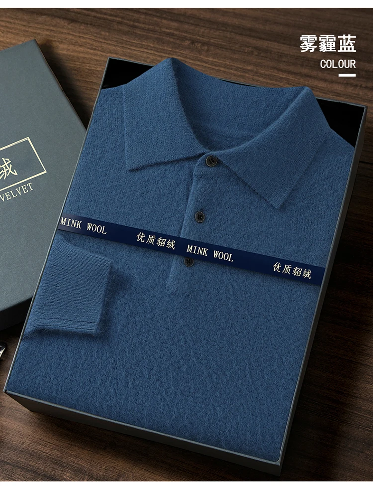 POLO Collar 100% Pure Mink Cashmere Knitted Sweater Men's Lapel Loose Knot Needle Pullovers Business Casual Warm Tops Base Shirt