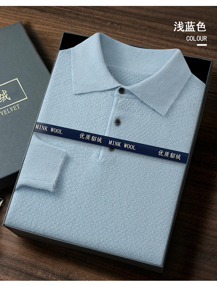 POLO Collar 100% Pure Mink Cashmere Knitted Sweater Men's Lapel Loose Knot Needle Pullovers Business Casual Warm Tops Base Shirt