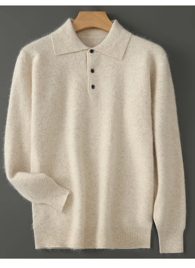 POLO Collar 100% Pure Mink Cashmere Knitted Sweater Men's Lapel Loose Knot Needle Pullovers Business Casual Warm Tops Base Shirt