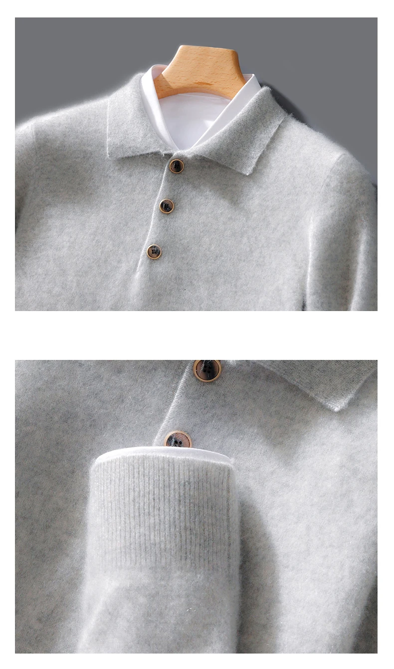 Autumn And Winter New 100 Pure Wool Sweater Men's POLO Collar Button Loose Pullover Sweater Cashmere Knitted Bottoming Shirt