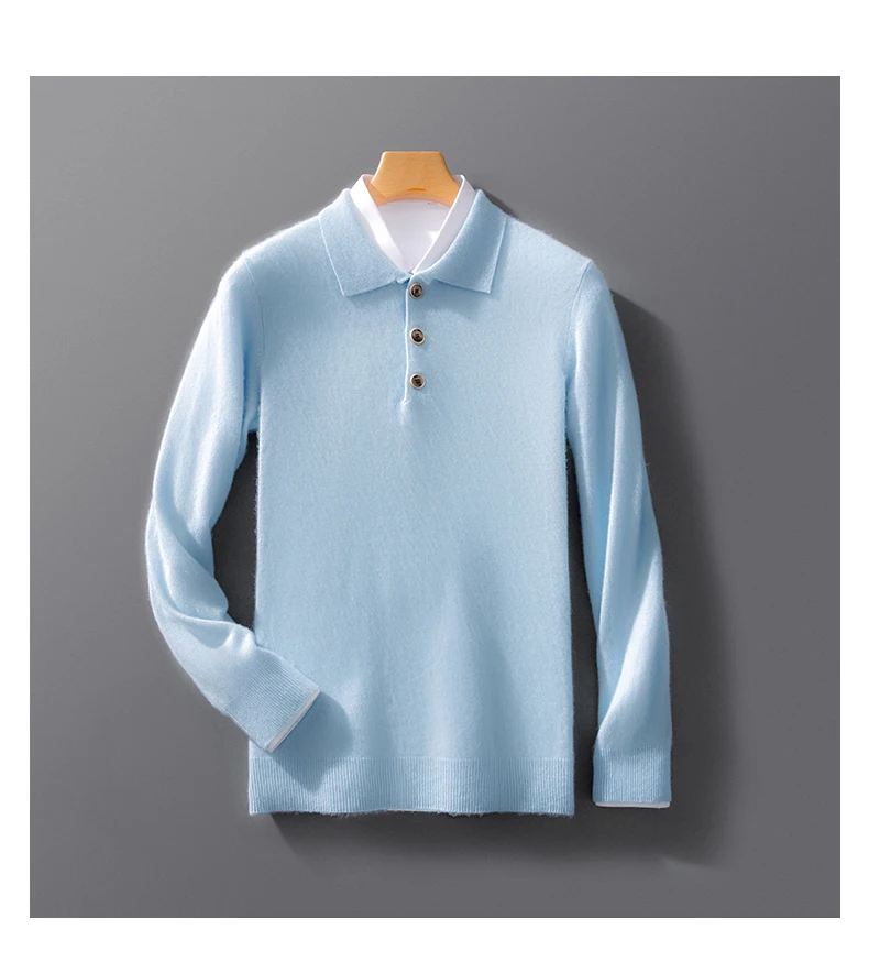 Autumn And Winter New 100 Pure Wool Sweater Men's POLO Collar Button Loose Pullover Sweater Cashmere Knitted Bottoming Shirt