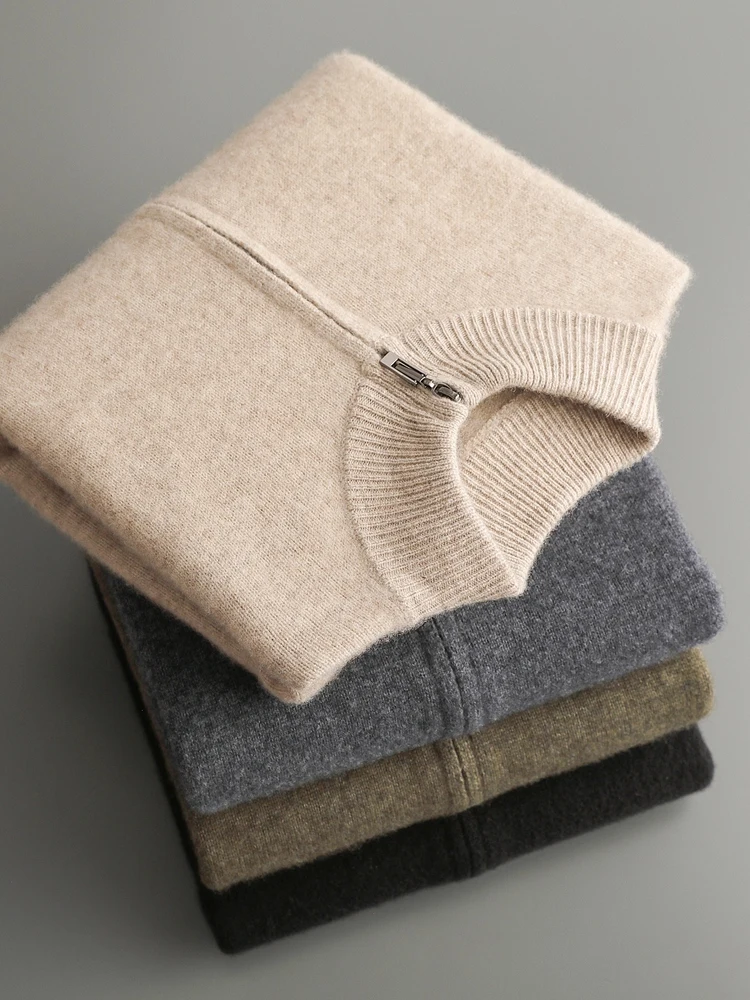 Autumn Winter Men's Woo Cardigan Zippers Mock Neck Long Sleeve Cashmere Sweater 100% Merino Wool Knitwear Thick Soft Clothing
