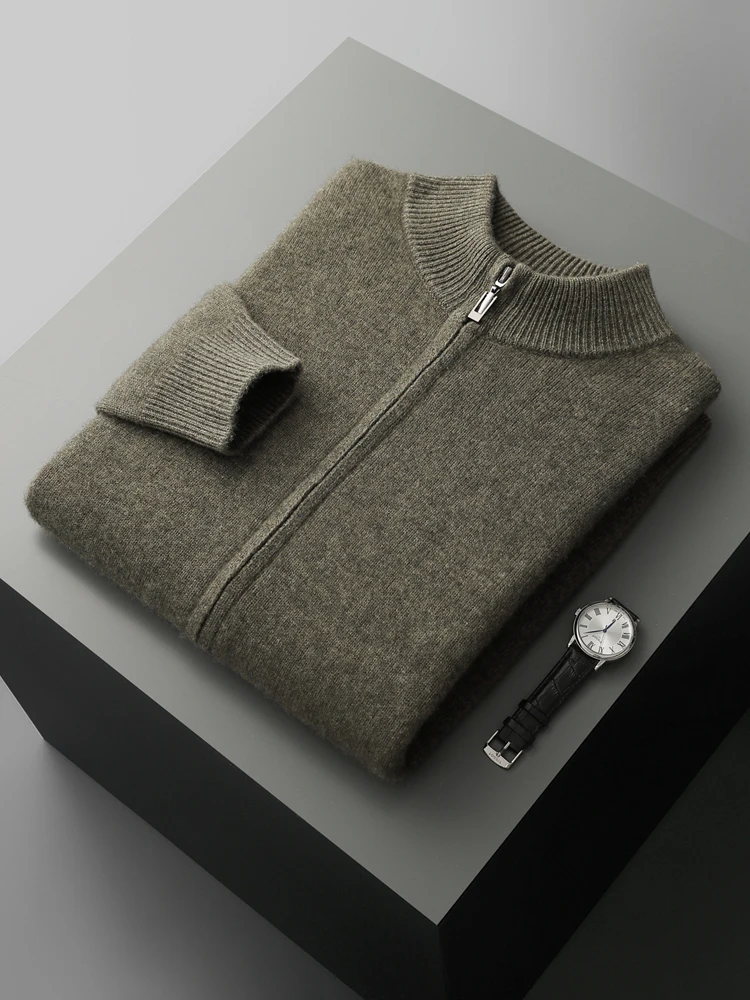 Autumn Winter Men's Woo Cardigan Zippers Mock Neck Long Sleeve Cashmere Sweater 100% Merino Wool Knitwear Thick Soft Clothing