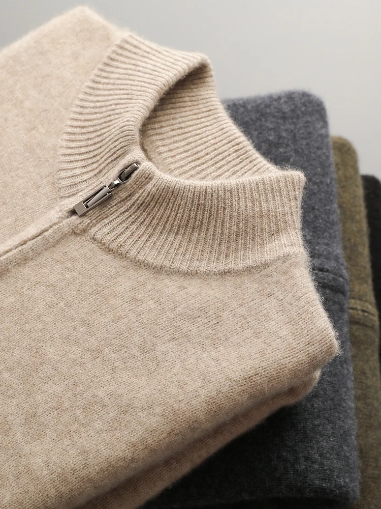 Autumn Winter Men's Woo Cardigan Zippers Mock Neck Long Sleeve Cashmere Sweater 100% Merino Wool Knitwear Thick Soft Clothing