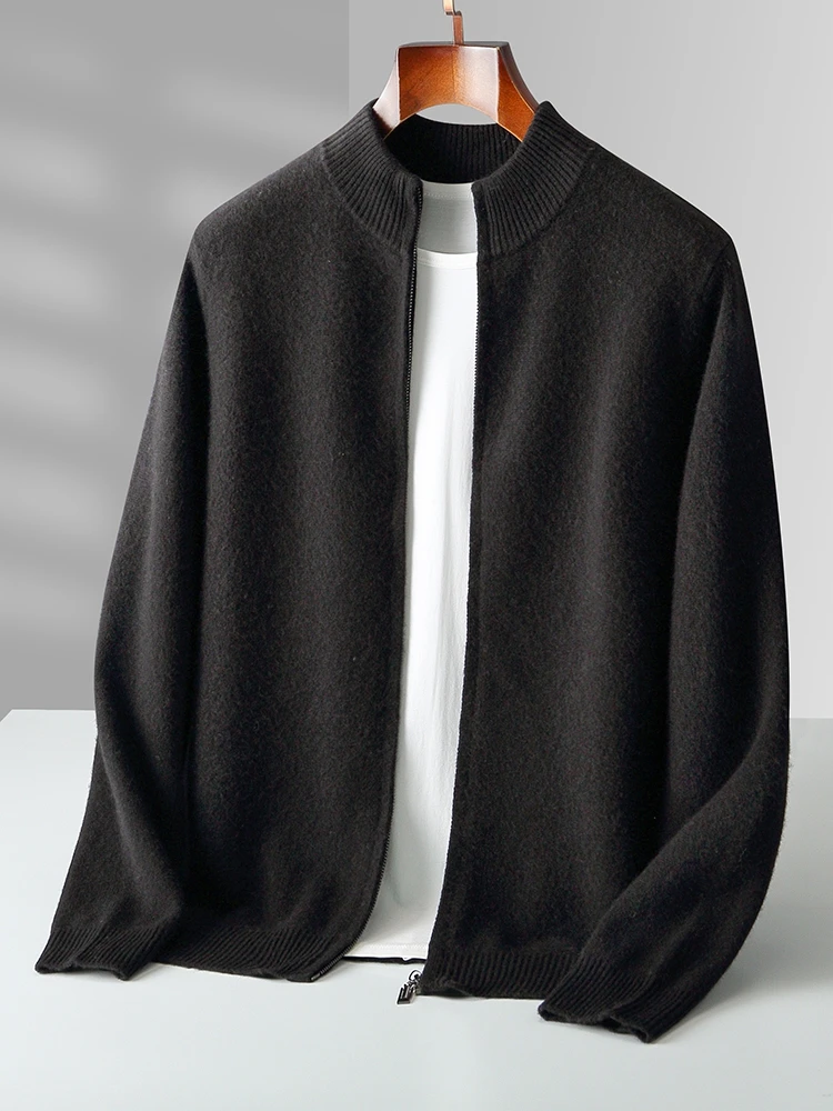 Autumn Winter Men's Woo Cardigan Zippers Mock Neck Long Sleeve Cashmere Sweater 100% Merino Wool Knitwear Thick Soft Clothing