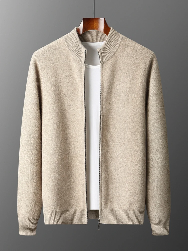 Autumn Winter Men's Woo Cardigan Zippers Mock Neck Long Sleeve Cashmere Sweater 100% Merino Wool Knitwear Thick Soft Clothing