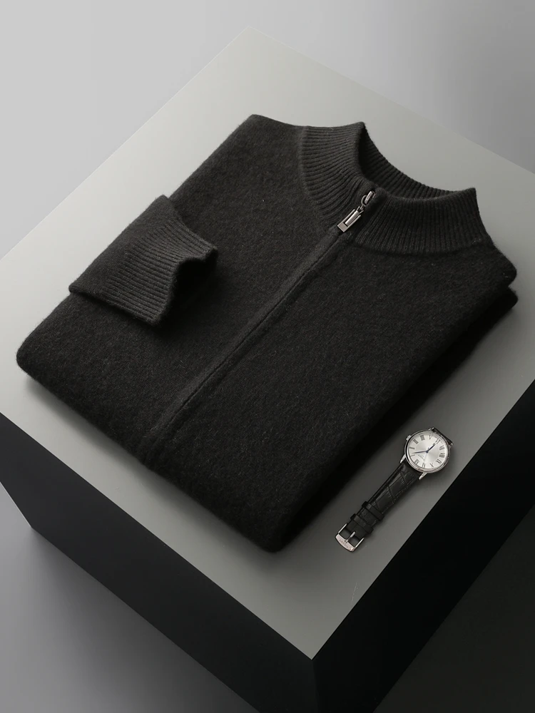 Autumn Winter Men's Woo Cardigan Zippers Mock Neck Long Sleeve Cashmere Sweater 100% Merino Wool Knitwear Thick Soft Clothing