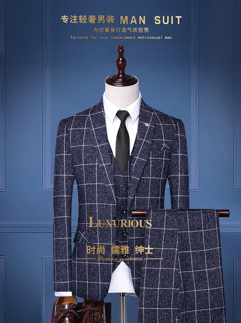 Suit (Blazer + Vest + Trousers) Fashion Business Casual Gentleman Men's Italian Style Elegant Plaid Slim Formal 3-piece Suit