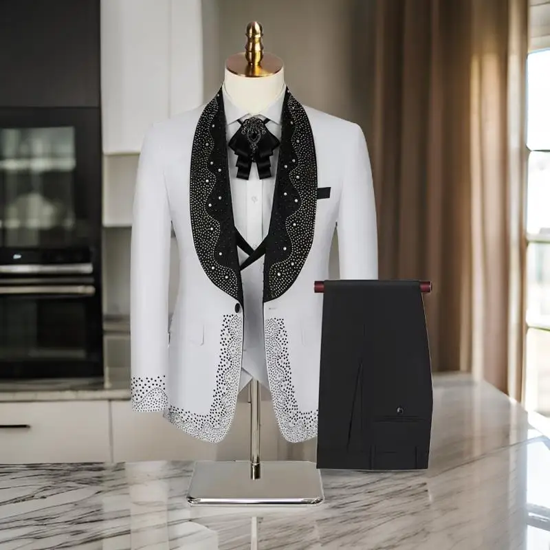 Shining Sequins Prom Men Suits Tuxedo Slim Fit Peak Lapel Luxury Blazer with Pants 4 Pcs Tailored Groom Wedding Party Suit