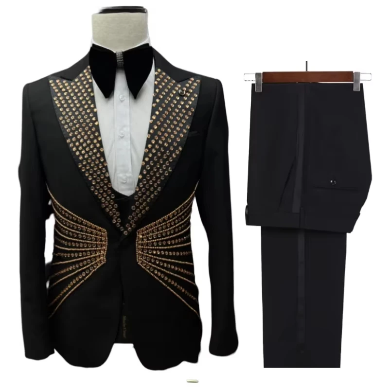 Shining Sequins Prom Men Suits Tuxedo Slim Fit Peak Lapel Luxury Blazer with Pants 4 Pcs Tailored Groom Wedding Party Suit