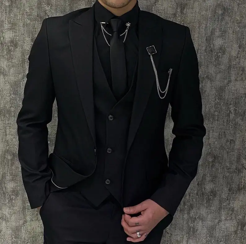 Black Luxury Men's Suits Elegant Slim Fit Male Blazer Peak Lapel Latest Three-Piece (Jacket+Pants+Vest) Terno Masculino Completo