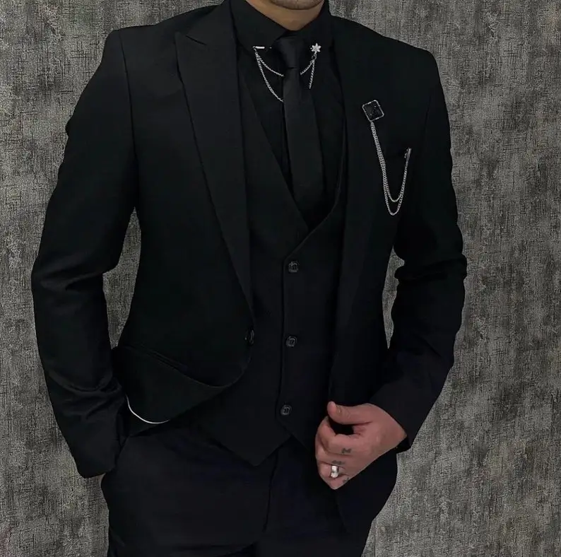 Black Luxury Men's Suits Elegant Slim Fit Male Blazer Peak Lapel Latest Three-Piece (Jacket+Pants+Vest) Terno Masculino Completo