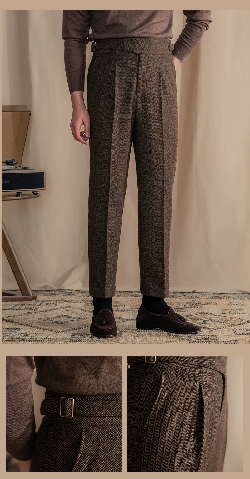Vintage Wool Herringbone Pattern Silger Casual Pants British Bloodbath Gangsta Warm High Waist Straight Pants