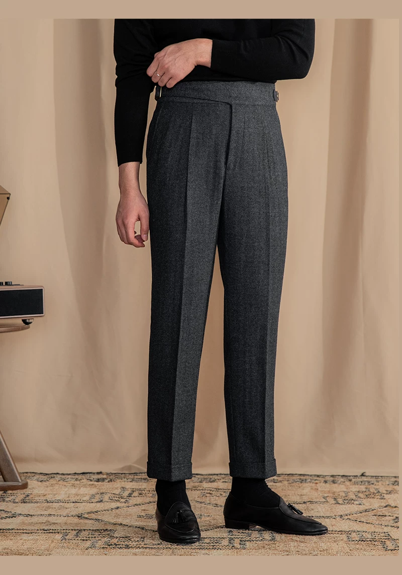 Vintage Wool Herringbone Pattern Silger Casual Pants British Bloodbath Gangsta Warm High Waist Straight Pants
