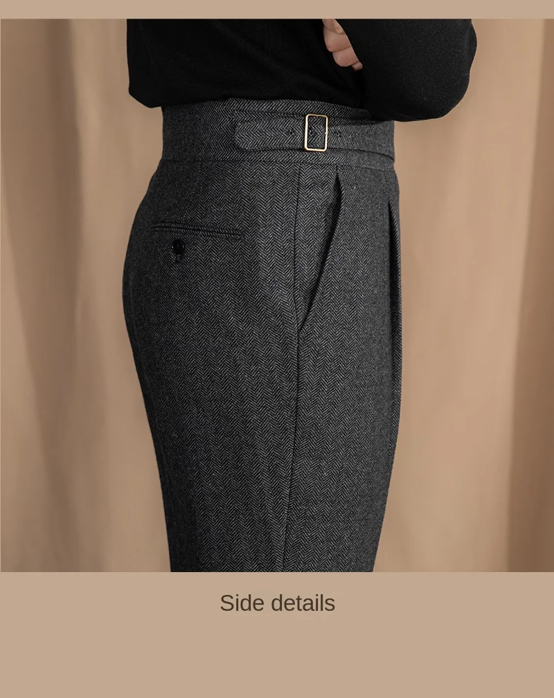 Vintage Wool Herringbone Pattern Silger Casual Pants British Bloodbath Gangsta Warm High Waist Straight Pants