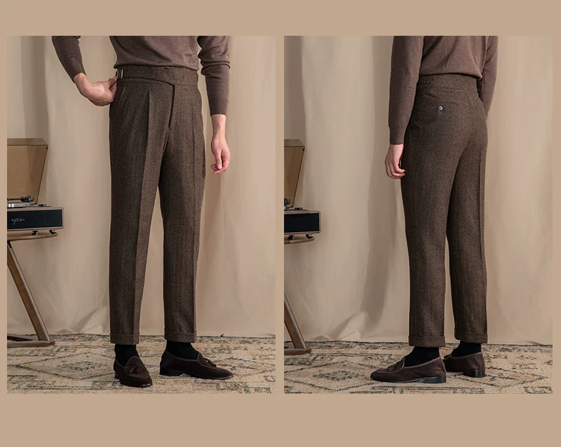 Vintage Wool Herringbone Pattern Silger Casual Pants British Bloodbath Gangsta Warm High Waist Straight Pants