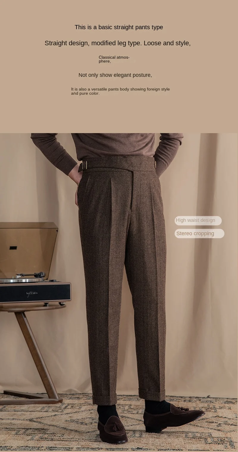 Vintage Wool Herringbone Pattern Silger Casual Pants British Bloodbath Gangsta Warm High Waist Straight Pants