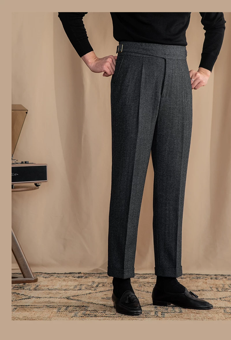 Vintage Wool Herringbone Pattern Silger Casual Pants British Bloodbath Gangsta Warm High Waist Straight Pants